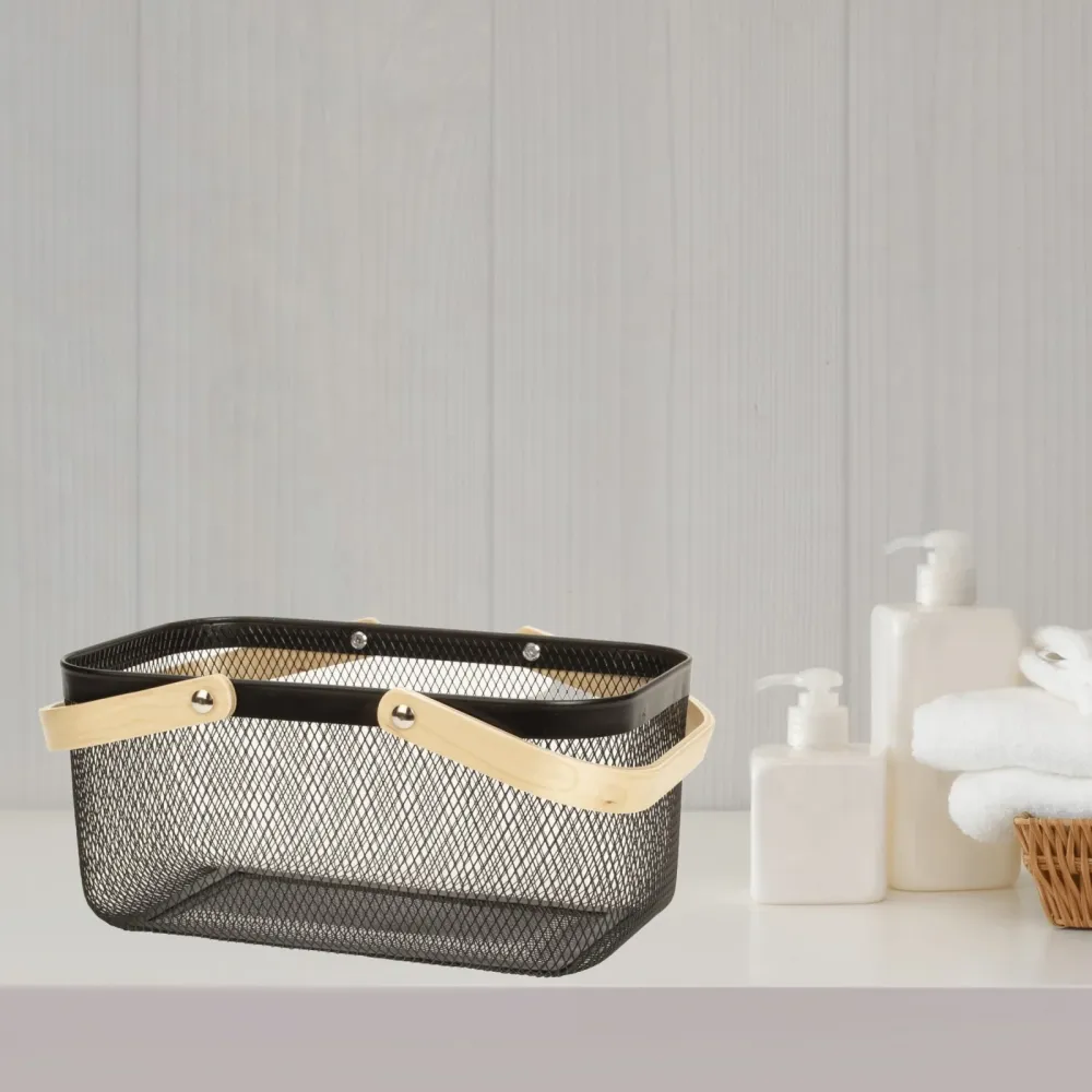 Aufbewahrungskorb mit Henkel für Kleidung Deko oder Accessoires schwarz aus Stahl und Holz 37x24x18
