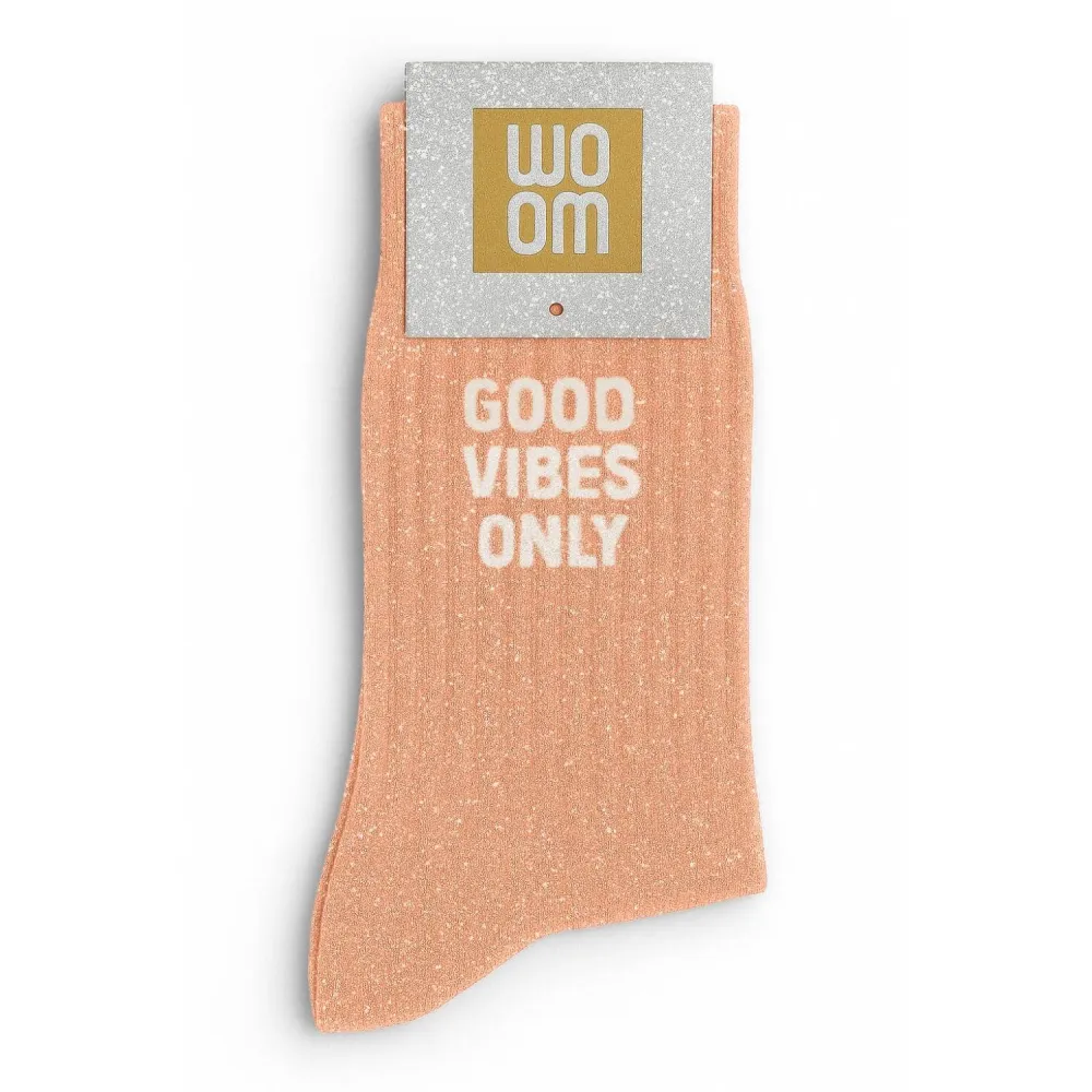 Glitzersocken mit Botschaft "Good Vibes Only" - Pfirsich