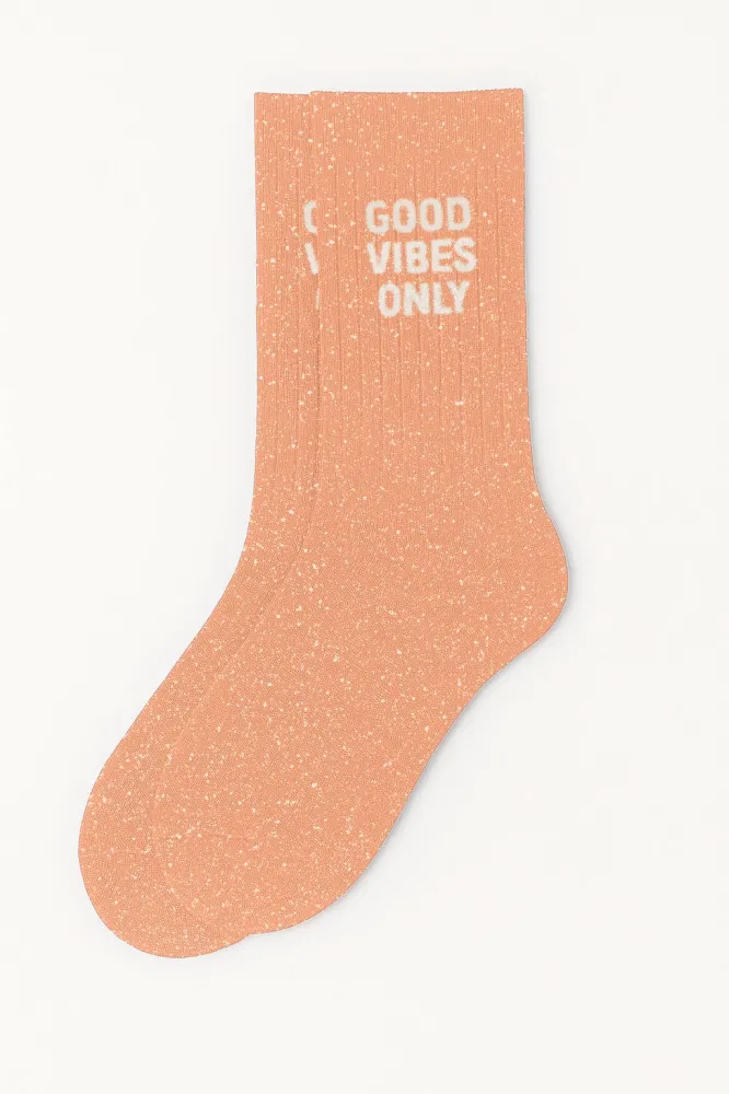 Glitzersocken mit Botschaft "Good Vibes Only" - Pfirsich