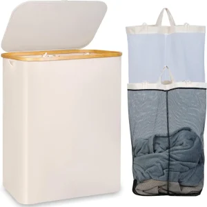 iEGrow 150L XL Wäschekorb mit Bambusgriff und Deckel Blau