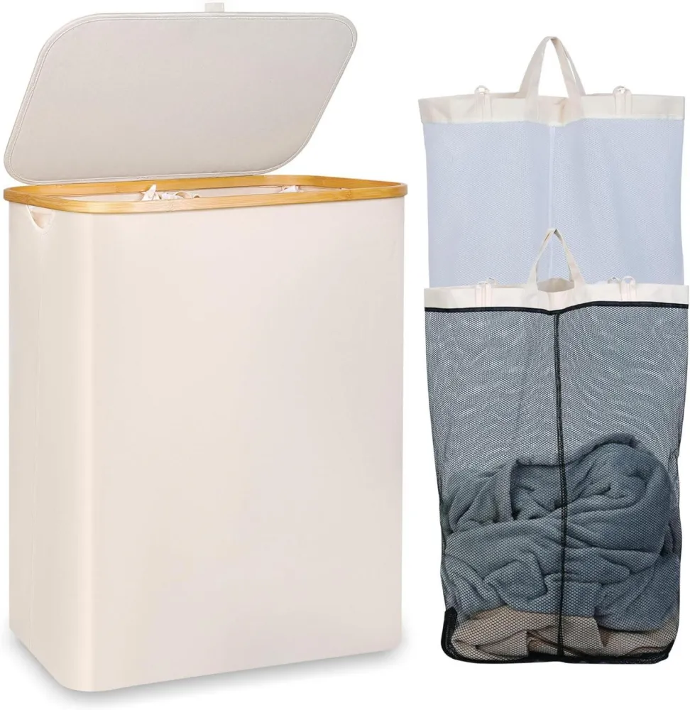 iEGrow 150L XL Wäschekorb mit Bambusgriff und Deckel Blau