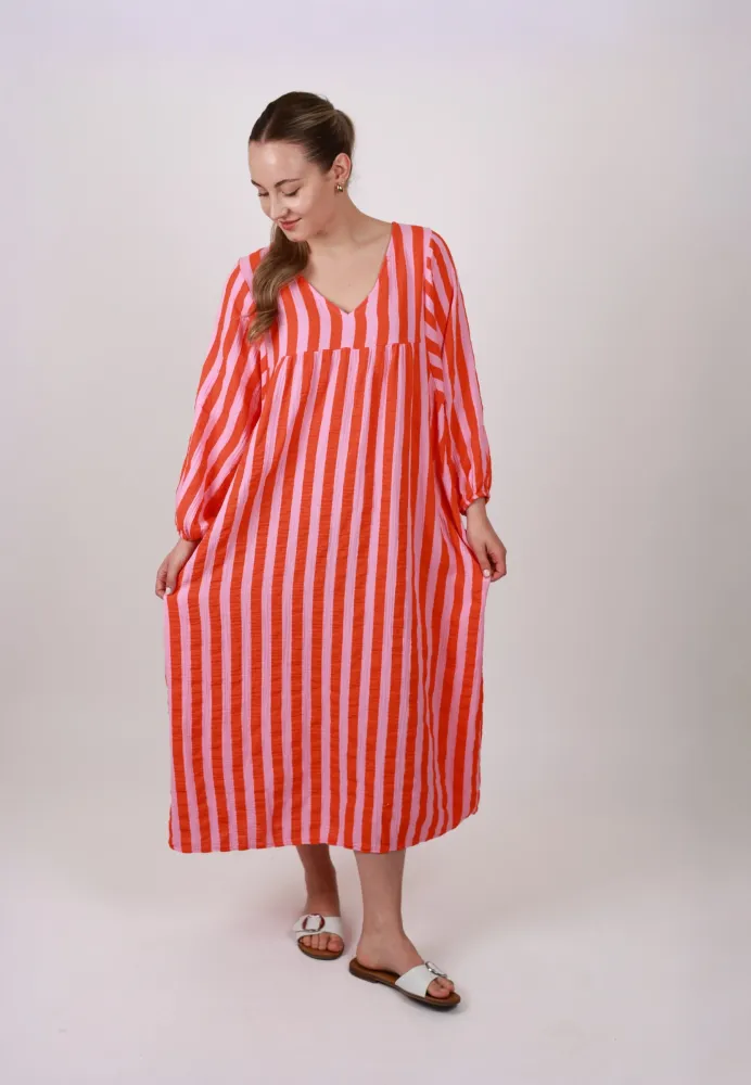 Musselin Maxikleid mit Ballonärmeln Stripes - Lollipop