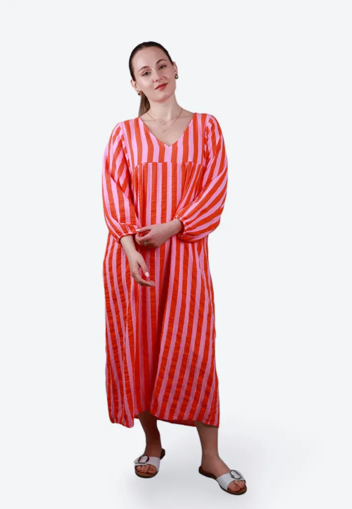 Musselin Maxikleid mit Ballonärmeln Stripes - Lollipop