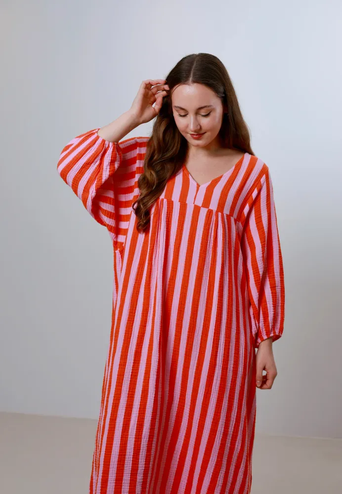 Musselin Maxikleid mit Ballonärmeln Stripes - Lollipop