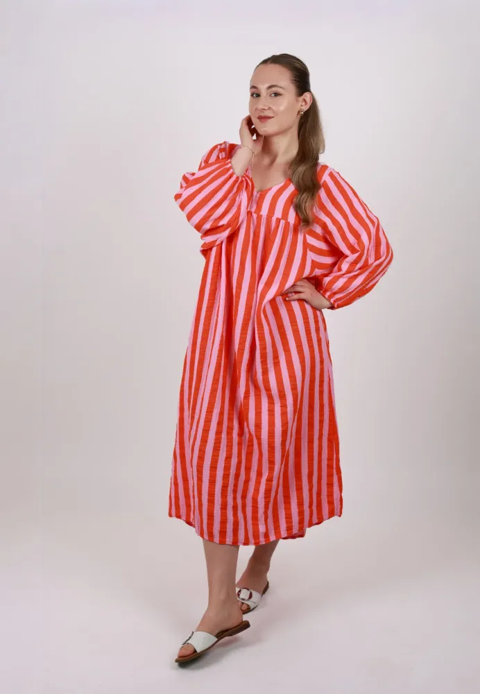Musselin Maxikleid mit Ballonärmeln Stripes - Lollipop