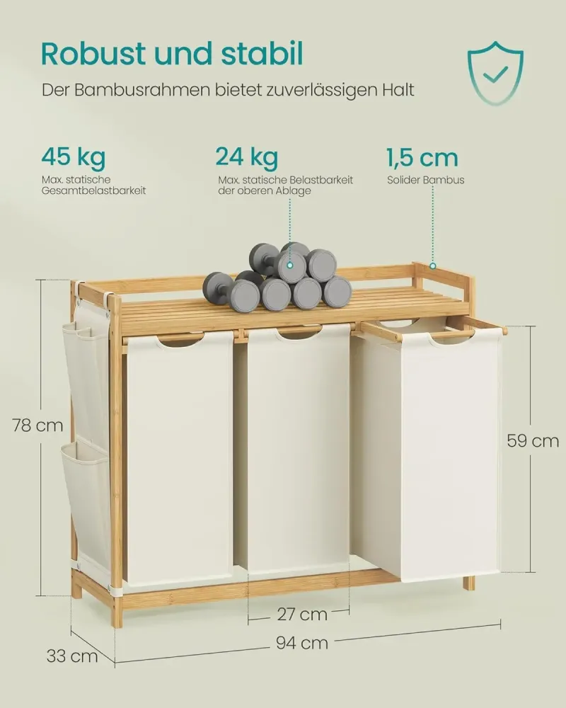 Wäschekorb Bambus 3 Fächer Cremeweiss