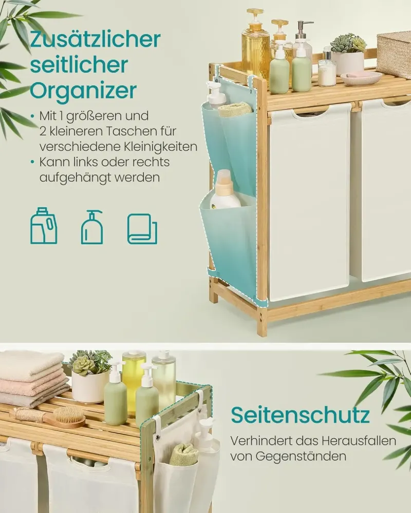 Wäschekorb Bambus 3 Fächer Cremeweiss
