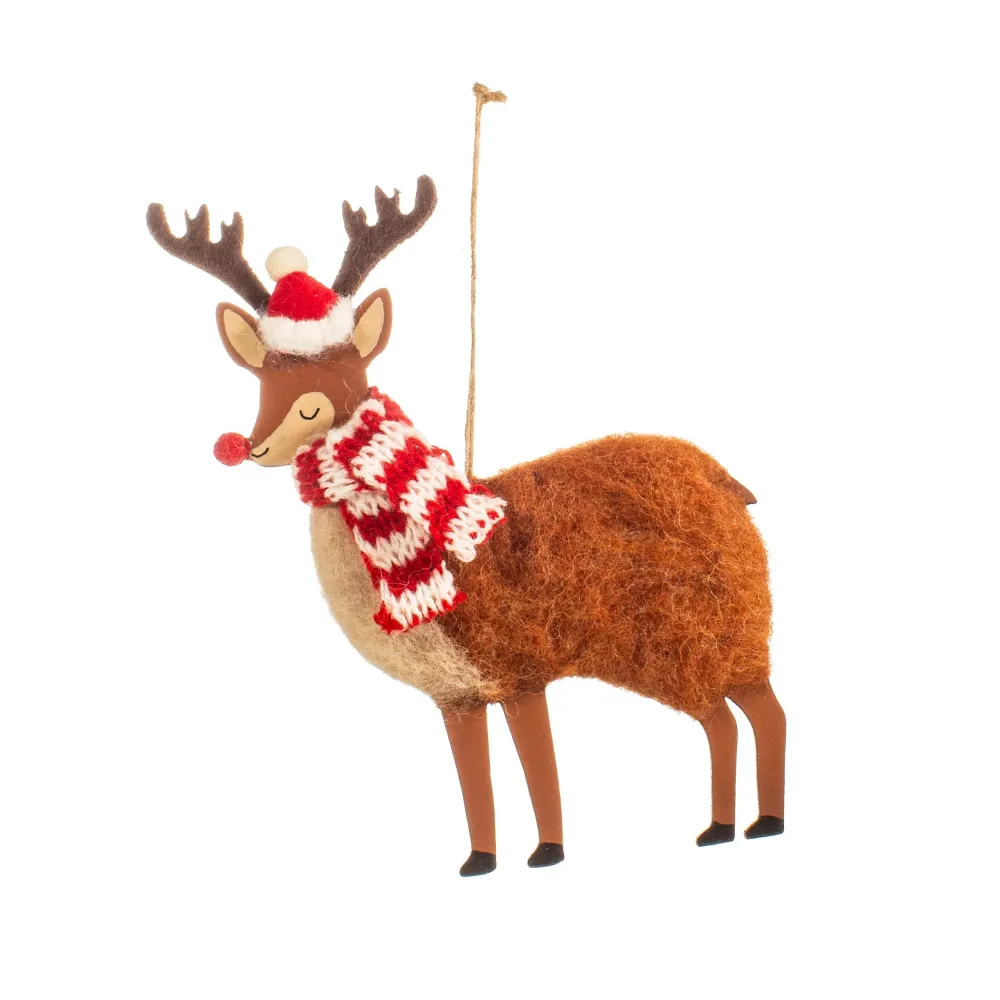 Christbaumschmuck Deko Hänger Rentier aus Holz mit Weihnachtsmütze und weiß-rotem Strickschal Filz braun beige rot