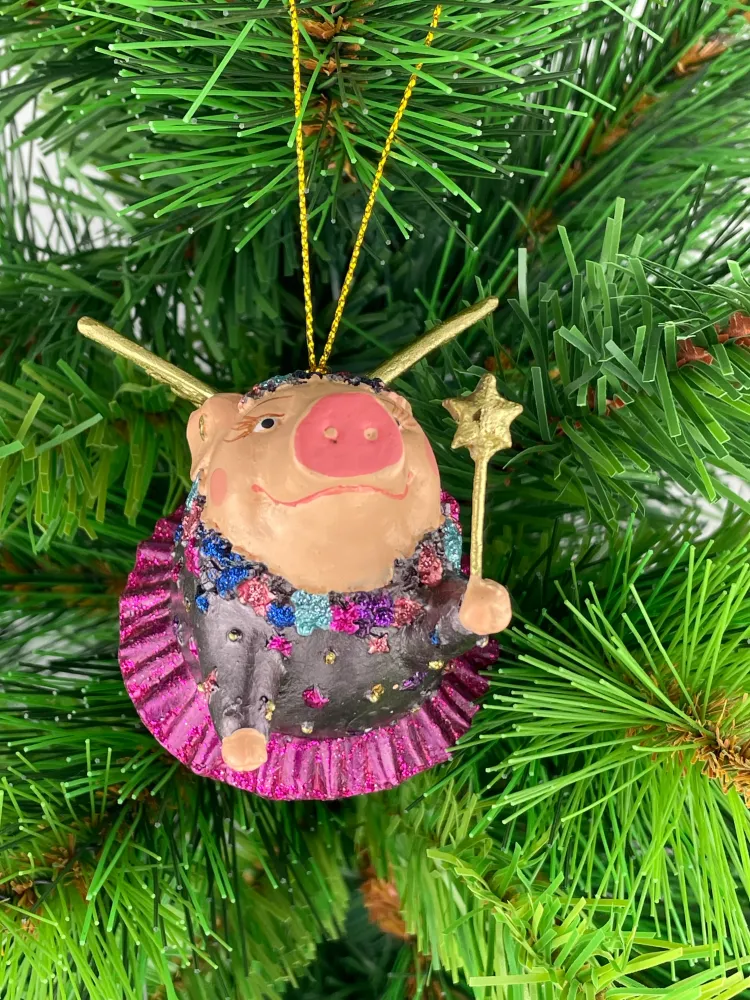 Christbaumschmuck Figur "Schwein mit Flügeln" Hänger Weihnachten pink-gold 10cm