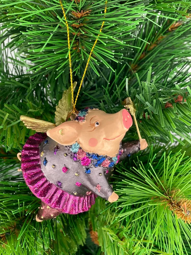 Christbaumschmuck Figur "Schwein mit Flügeln" Hänger Weihnachten pink-gold 10cm