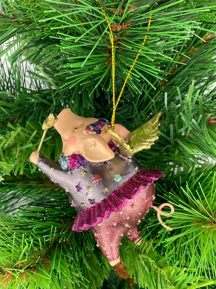 Christbaumschmuck Figur "Schwein mit Flügeln" Hänger Weihnachten pink-gold 10cm