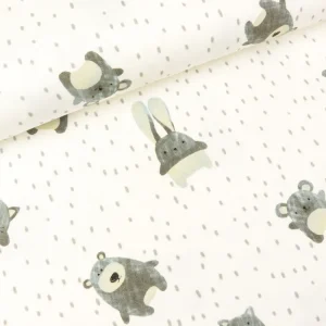 French Terry Mini Forest Hase und Co graublau auf Creme