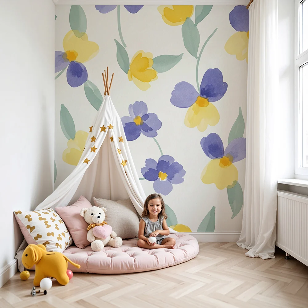 Babyzimmer Tapete | Aquarellblumen Gelb und Violett auf hellem Grund