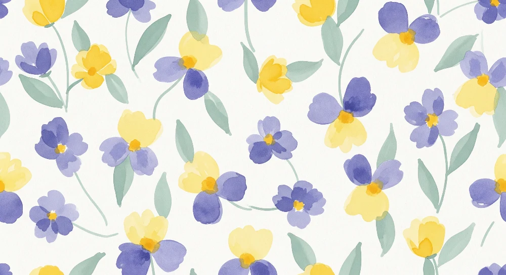 Babyzimmer Tapete | Aquarellblumen Gelb und Violett auf hellem Grund