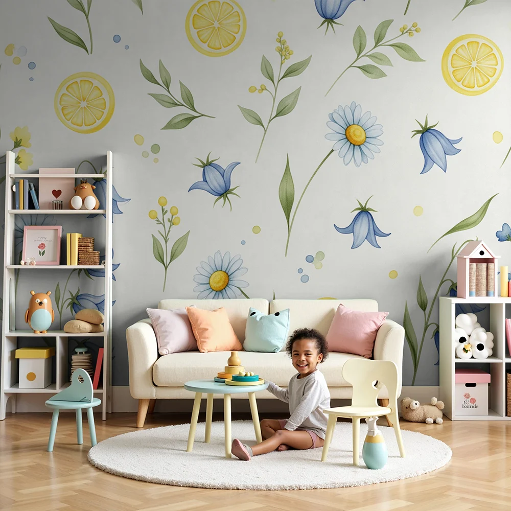 Babyzimmer Tapete | Blaue Blumen und Zitronen auf hellem Hintergrund