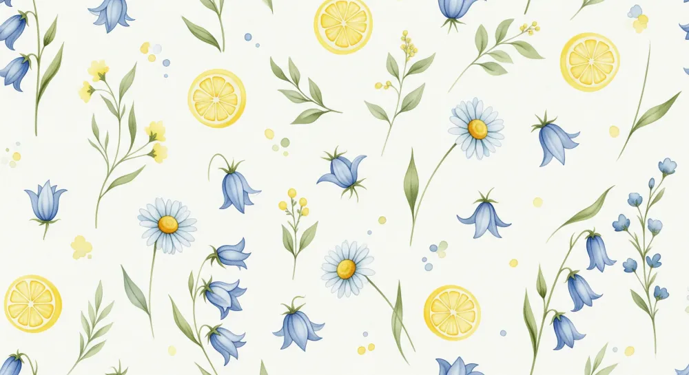 Babyzimmer Tapete | Blaue Blumen und Zitronen auf hellem Hintergrund