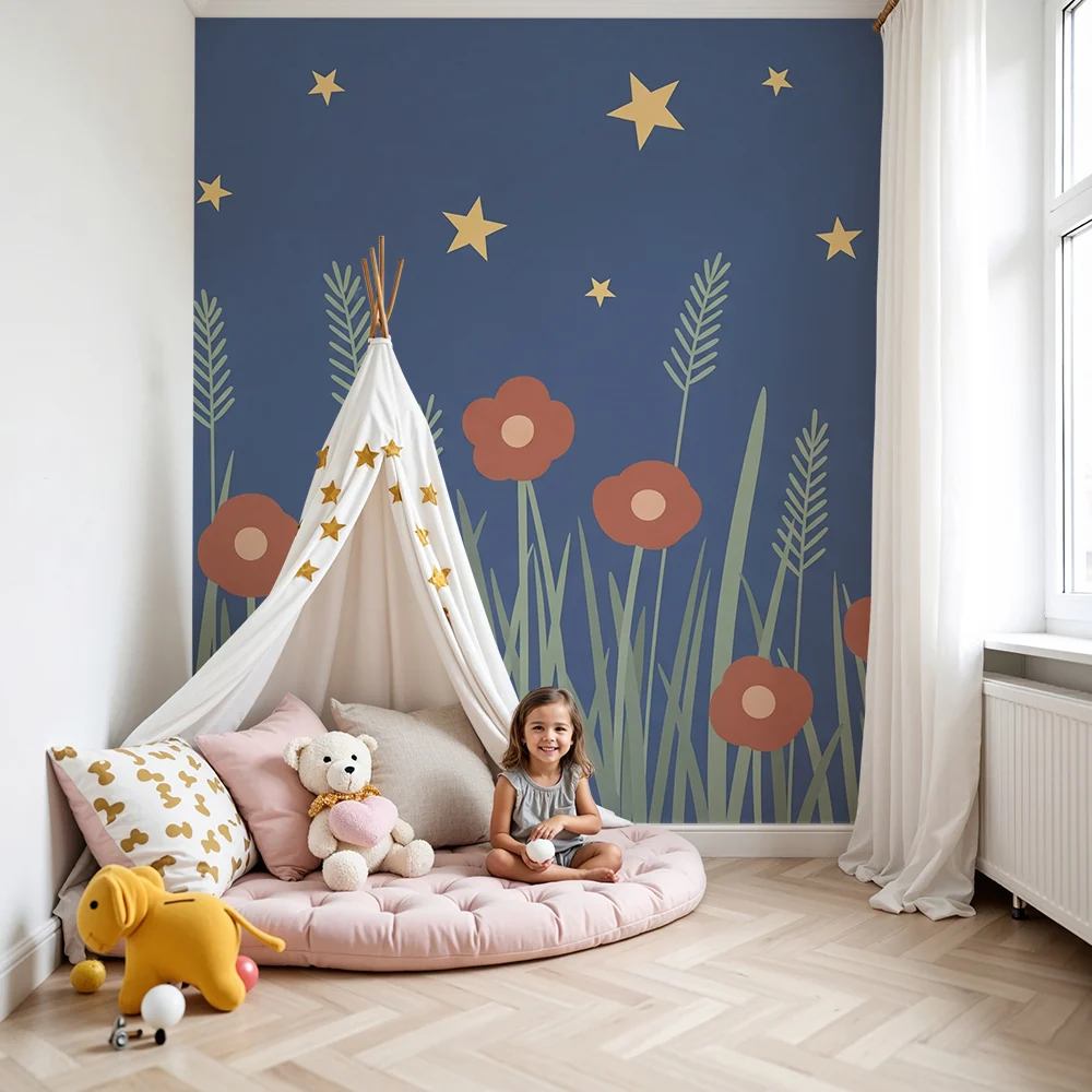 Babyzimmer Tapete | Blumen und Sterne unter einem nächtlichen Himmel