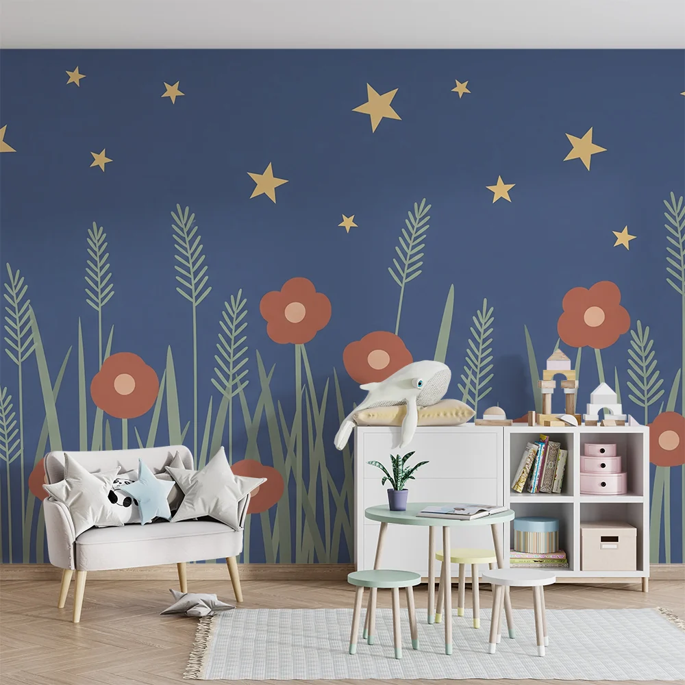 Babyzimmer Tapete | Blumen und Sterne unter einem nächtlichen Himmel