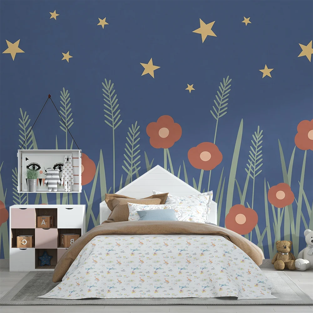 Babyzimmer Tapete | Blumen und Sterne unter einem nächtlichen Himmel