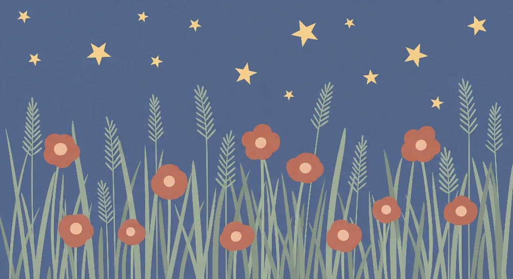 Babyzimmer Tapete | Blumen und Sterne unter einem nächtlichen Himmel