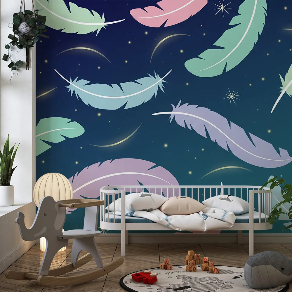 Babyzimmer Tapete | Bunte Federn schweben am Sternenhimmel