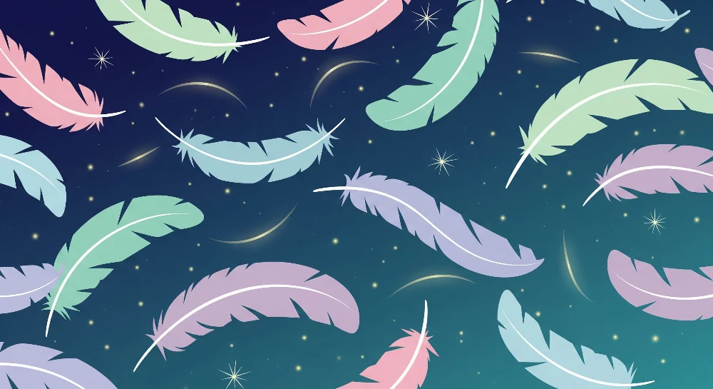 Babyzimmer Tapete | Bunte Federn schweben am Sternenhimmel