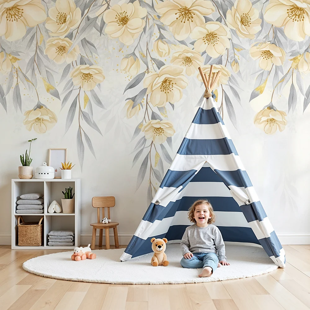 Babyzimmer Tapete | Hängende gelbe Blumen und pastellfarbenes Laubwerk