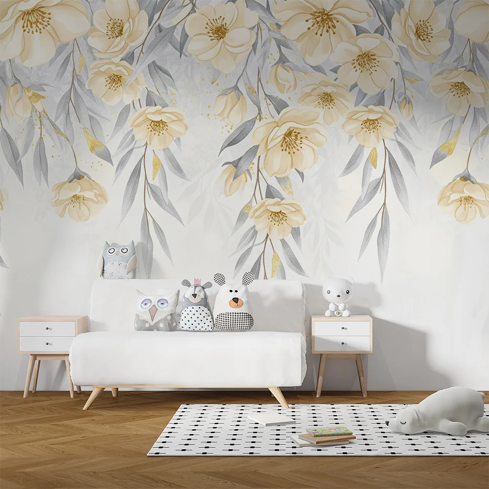 Babyzimmer Tapete | Hängende gelbe Blumen und pastellfarbenes Laubwerk