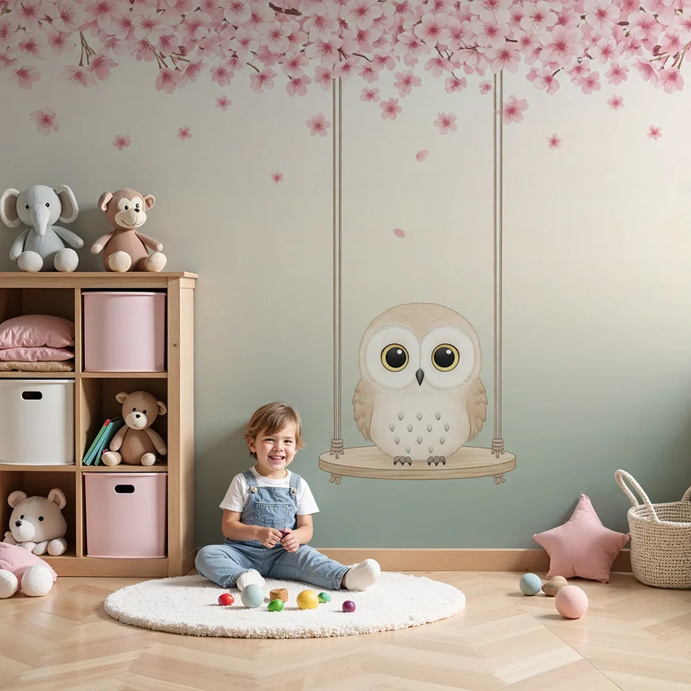 Babyzimmer Tapete | Niedliche Eule auf einer Schaukel umgeben von Kirschblüten