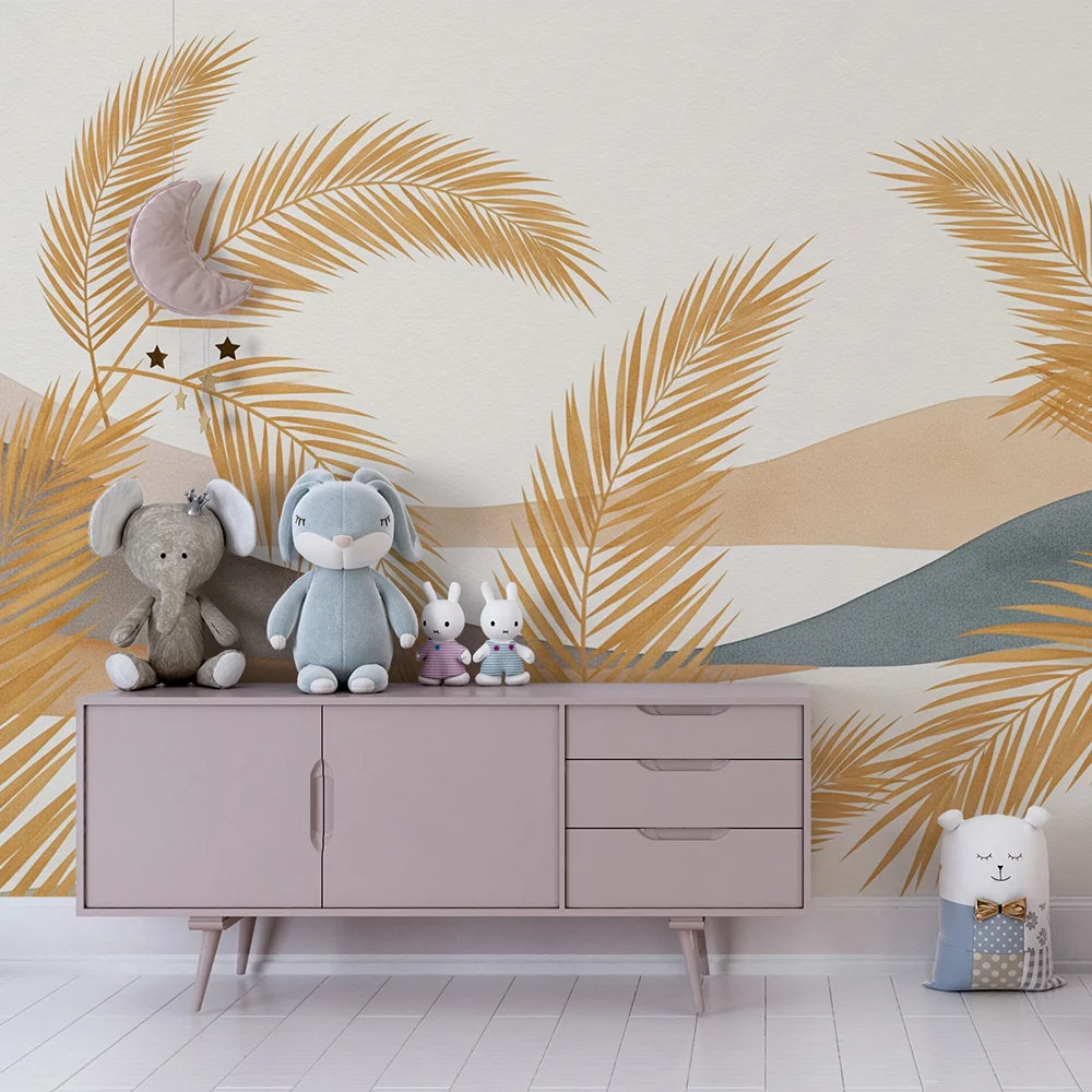 Babyzimmer Tapete | Palmblätter und sanft getönte Hügel