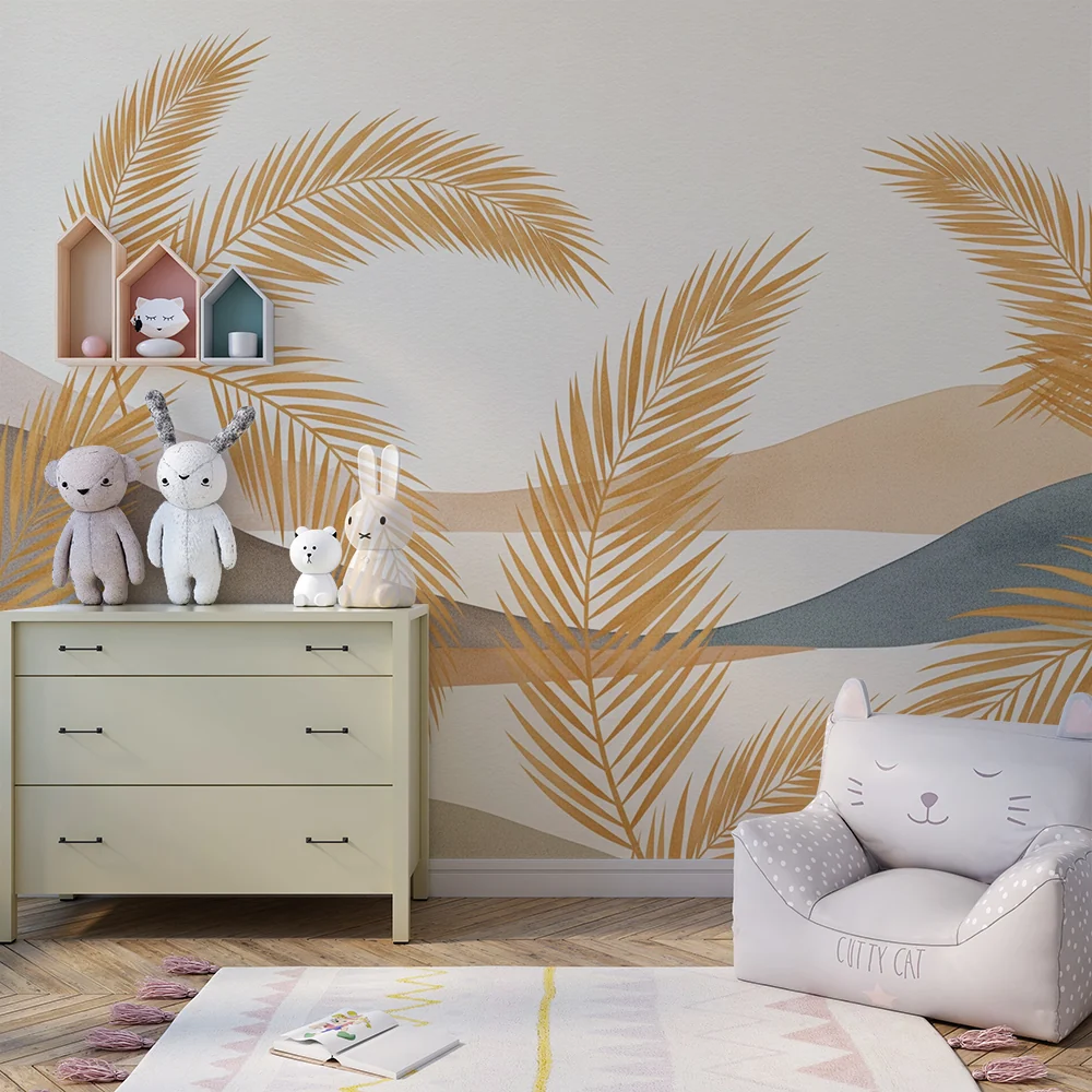 Babyzimmer Tapete | Palmblätter und sanft getönte Hügel