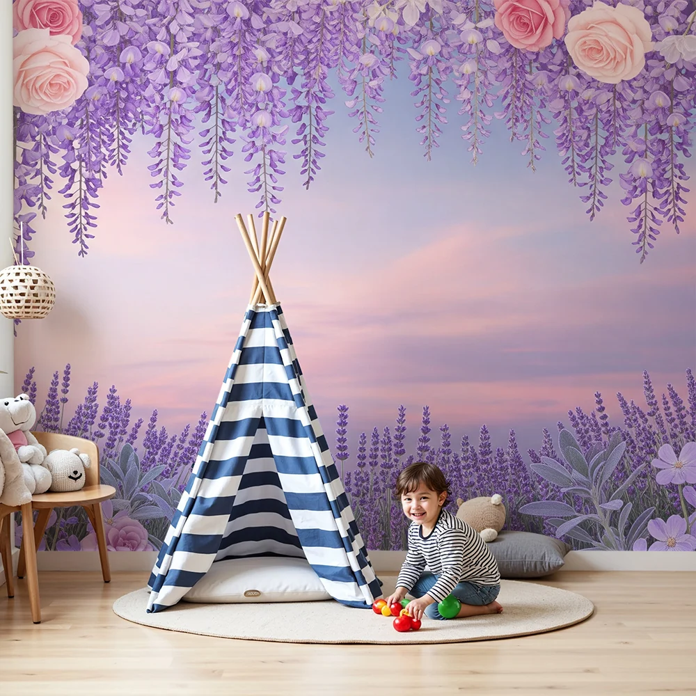 Babyzimmer Tapete | Pastell- und Lavendelblumengarten