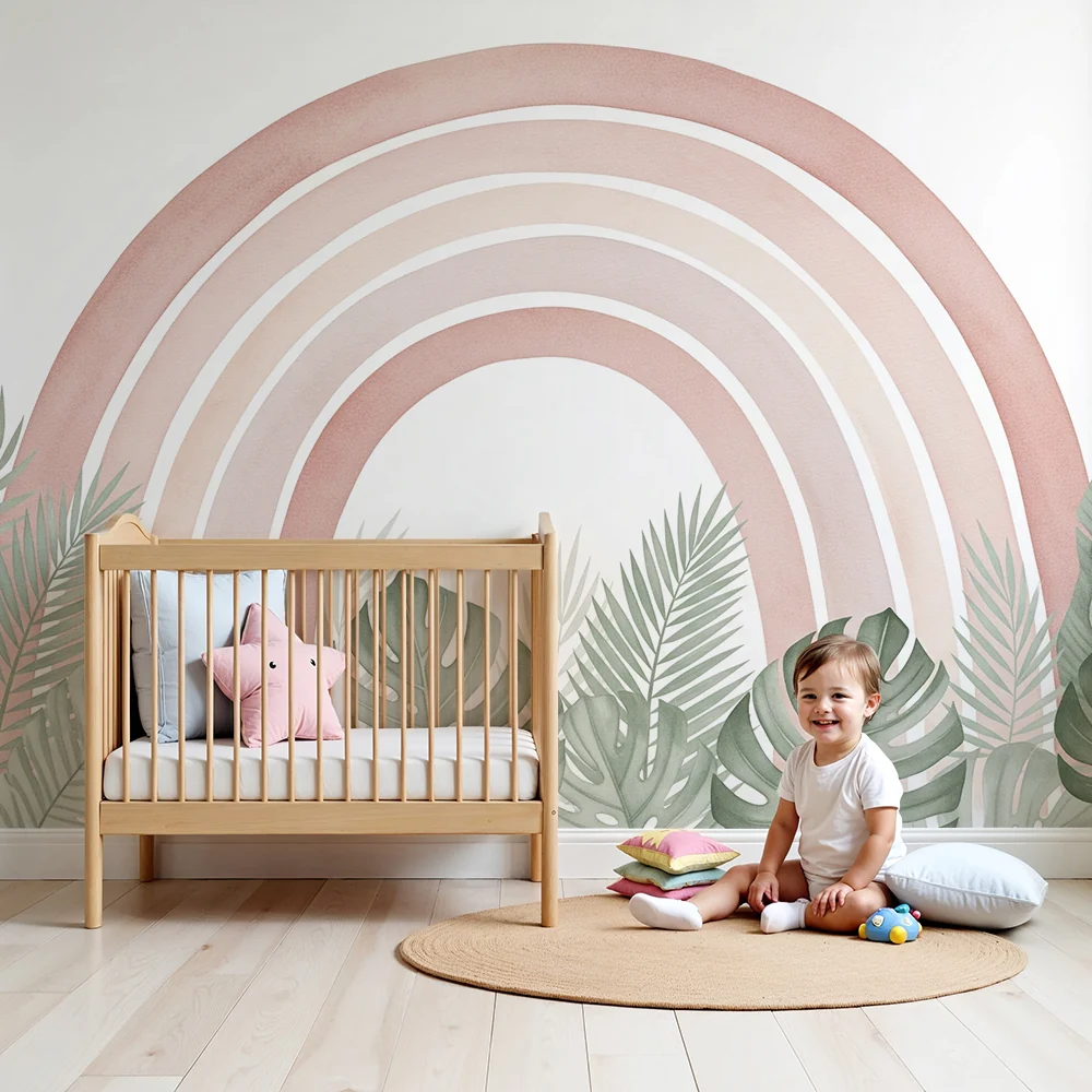 Babyzimmer Tapete | Pastellregenbogen vor einem hübschen tropischen Blattwerk