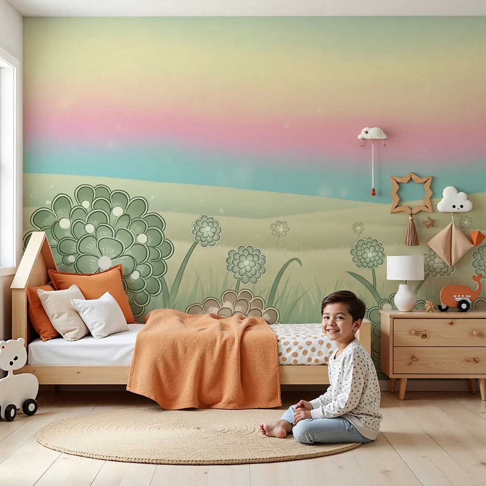 Babyzimmer Tapete | Sanfte Blumen und Pastellhimmel