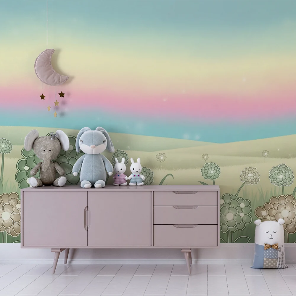 Babyzimmer Tapete | Sanfte Blumen und Pastellhimmel