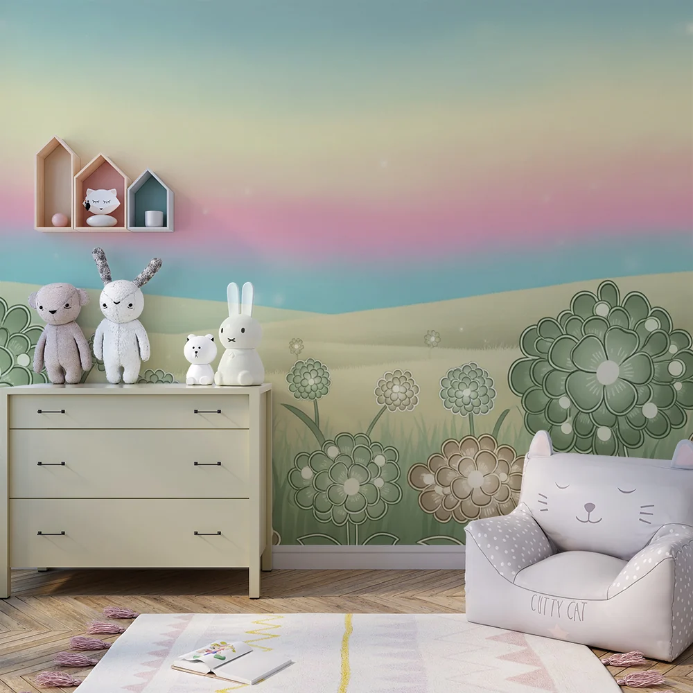 Babyzimmer Tapete | Sanfte Blumen und Pastellhimmel