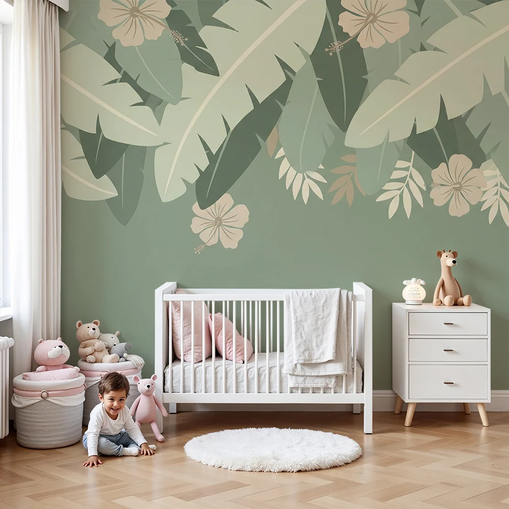 Babyzimmer Tapete | Tropische Blätter Salbeigrün