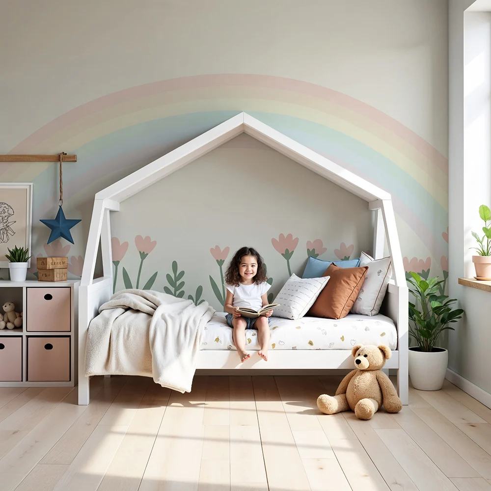 Babyzimmer Tapete | Zarte Blumen und pastellfarbener Regenbogen