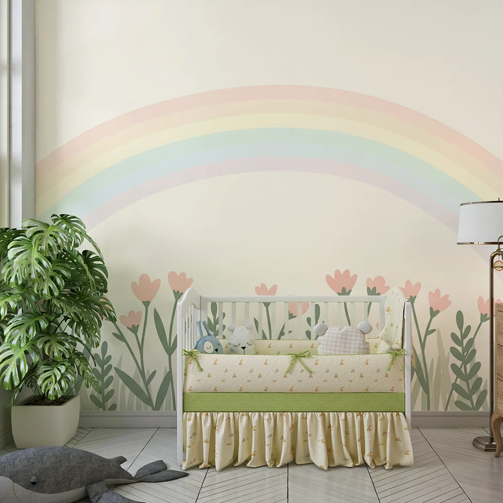 Babyzimmer Tapete | Zarte Blumen und pastellfarbener Regenbogen