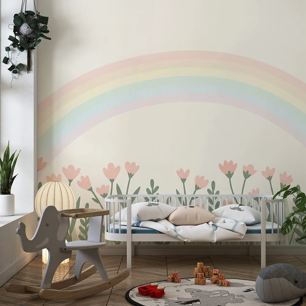 Babyzimmer Tapete | Zarte Blumen und pastellfarbener Regenbogen