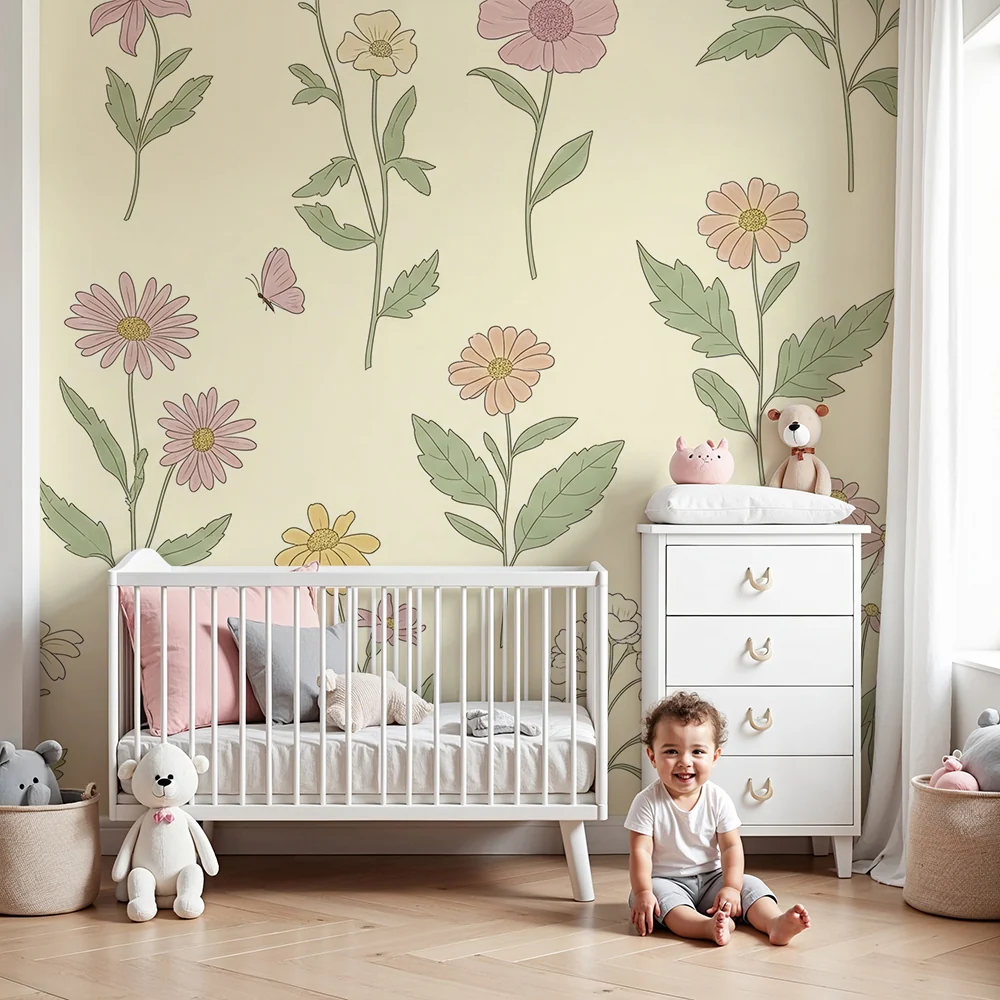Babyzimmer Tapete | Zarte Blumen und Schmetterlinge auf pastellfarbenem Hintergrund