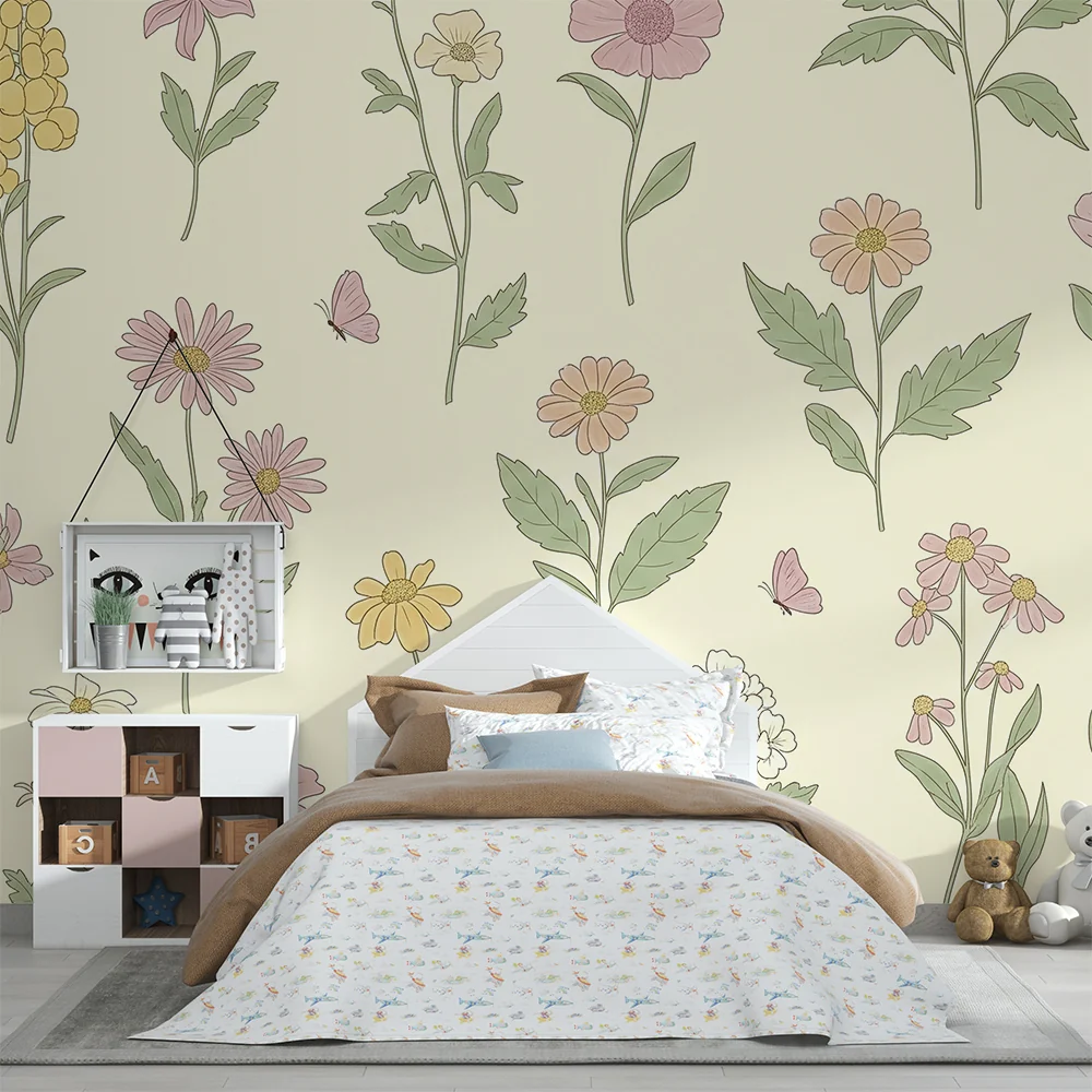 Babyzimmer Tapete | Zarte Blumen und Schmetterlinge auf pastellfarbenem Hintergrund