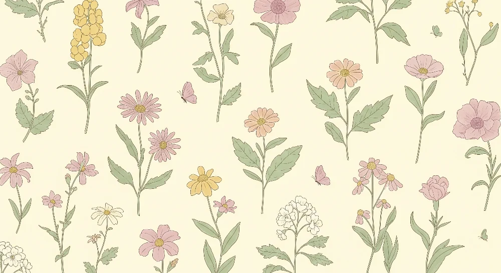 Babyzimmer Tapete | Zarte Blumen und Schmetterlinge auf pastellfarbenem Hintergrund