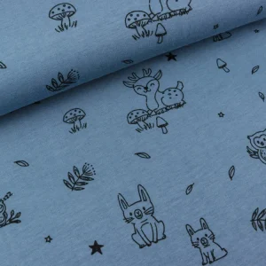 Baumwollsweat Waldtiere schwarz auf Rauchblau