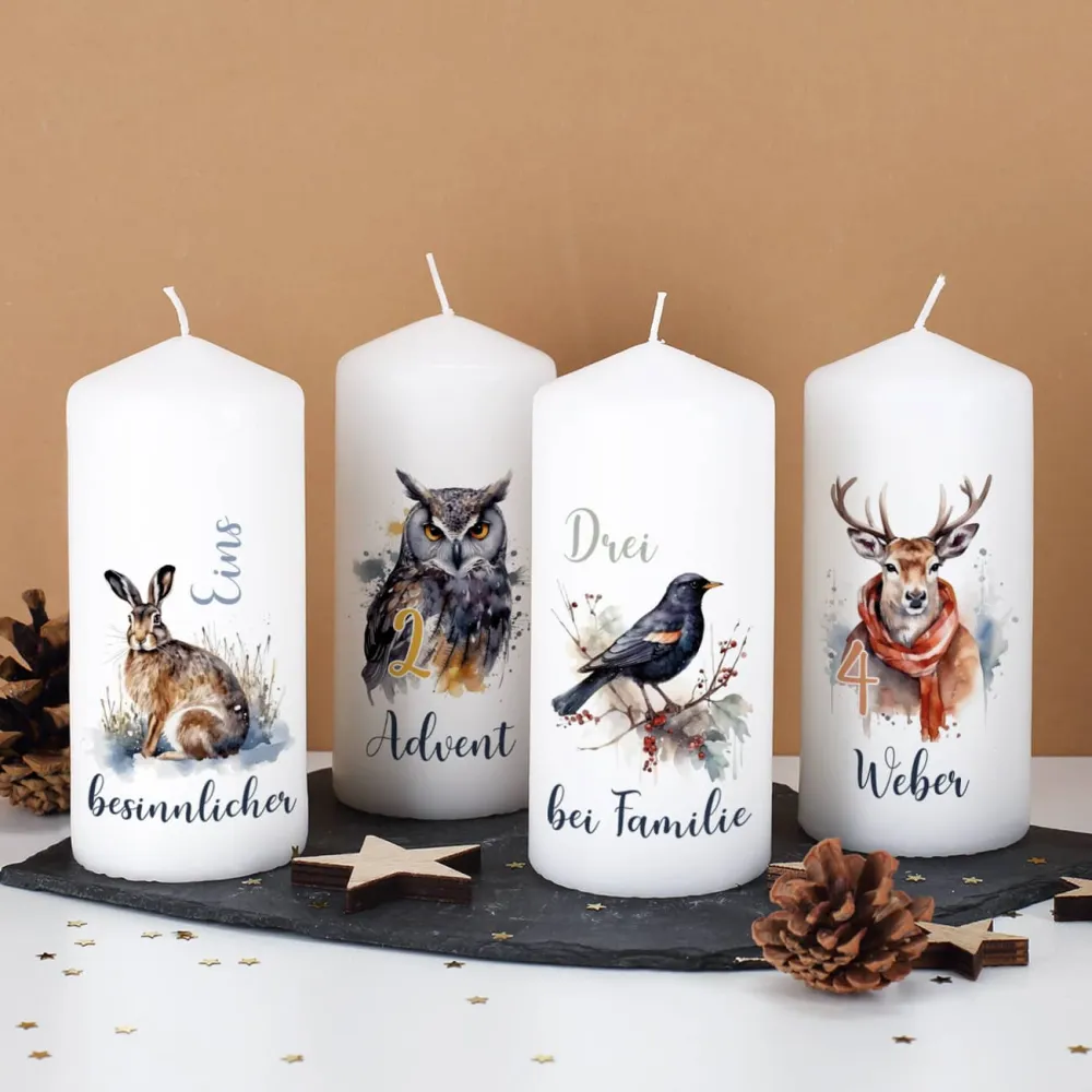 4er Set Adventskerzen mit Wintertieren und Wunschtext