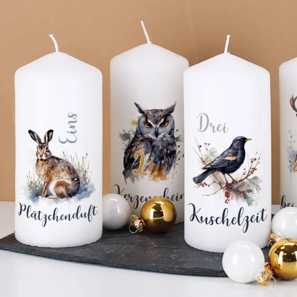 4er Set Adventskerzen mit Wintertieren und Wunschtext