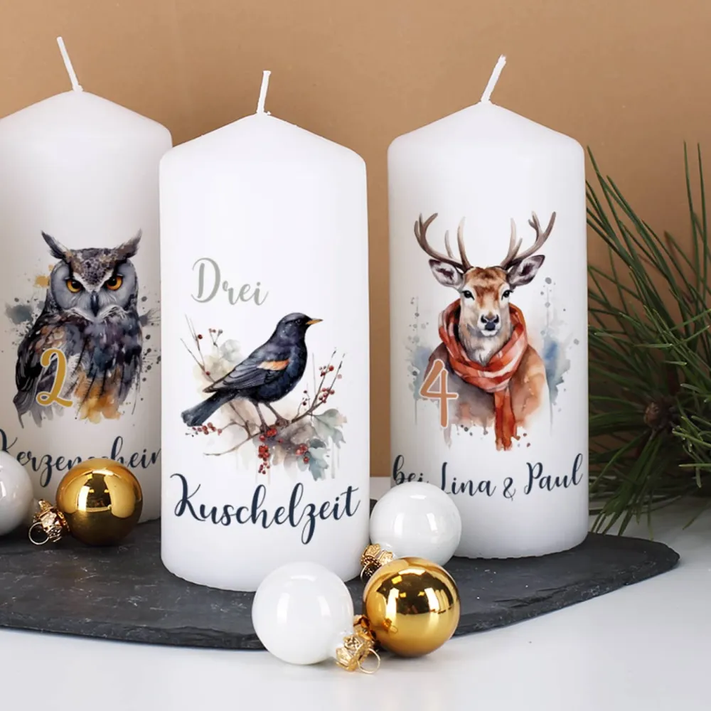 4er Set Adventskerzen mit Wintertieren und Wunschtext