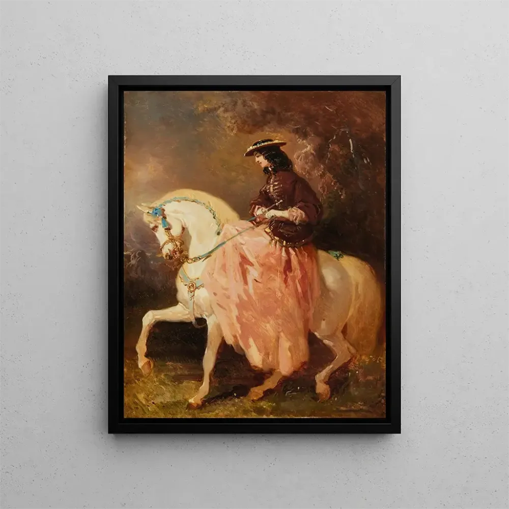 Amazonen-Gemälde mit kleiner Boaterin, rotem Jacke, rosa Rock, Peitsche auf einem grauen Pferd mit blauen Bändern - Alfred...
