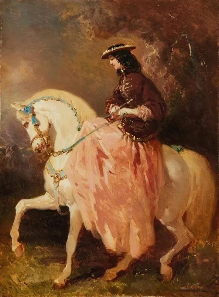 Amazonen-Gemälde mit kleiner Boaterin, rotem Jacke, rosa Rock, Peitsche auf einem grauen Pferd mit blauen Bändern - Alfred...