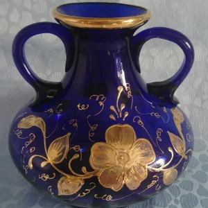 AMPHORENVASE - Hartglas, Handbemalt, Blumen Blüten Goldrand Dekor